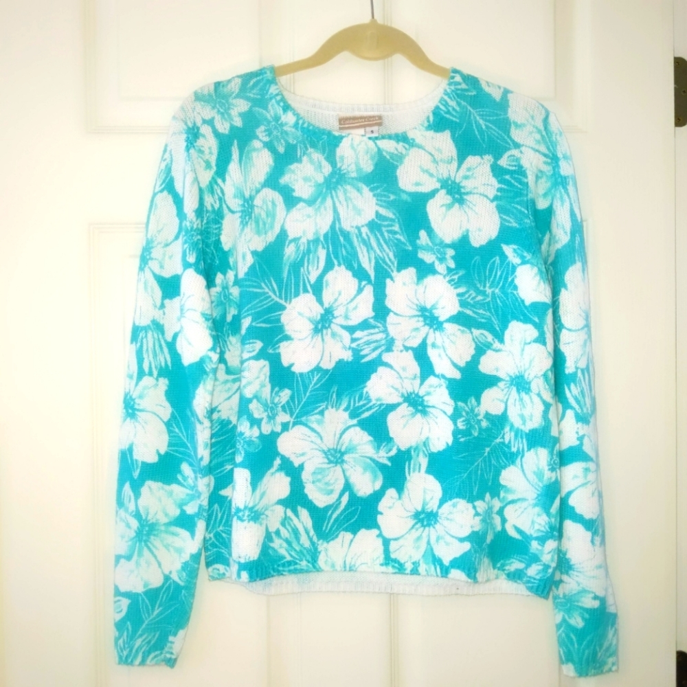 Coldwater Creek Teal White Tropical Sweater Small